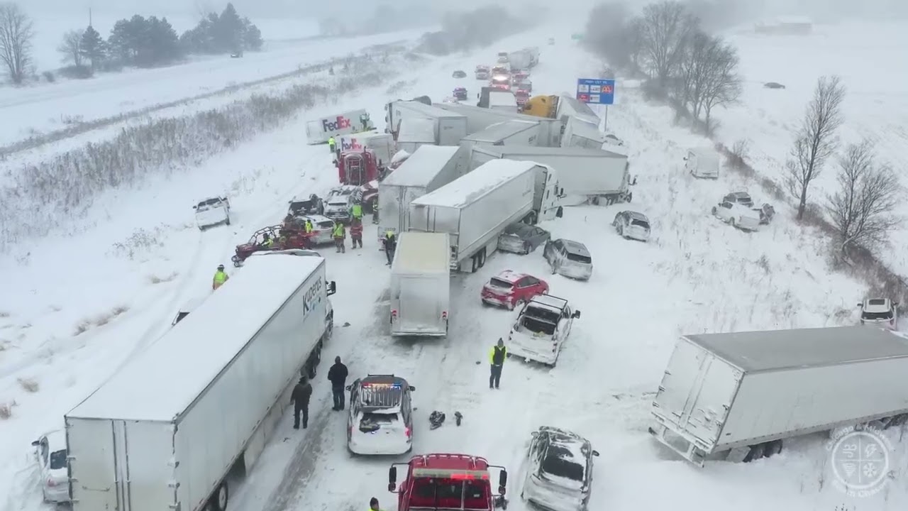 Drone footage reveals a massive pileup involving more than 100 vehicles in Michigan