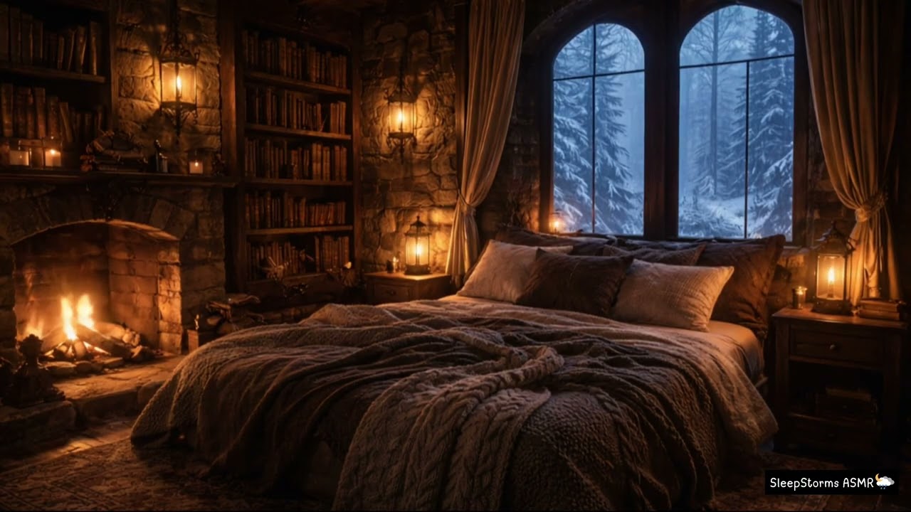 Cozy Castle Bedroom Blizzard | Crackling Fire & Snowstorm for Deep Sleep (3hr ASMR)
