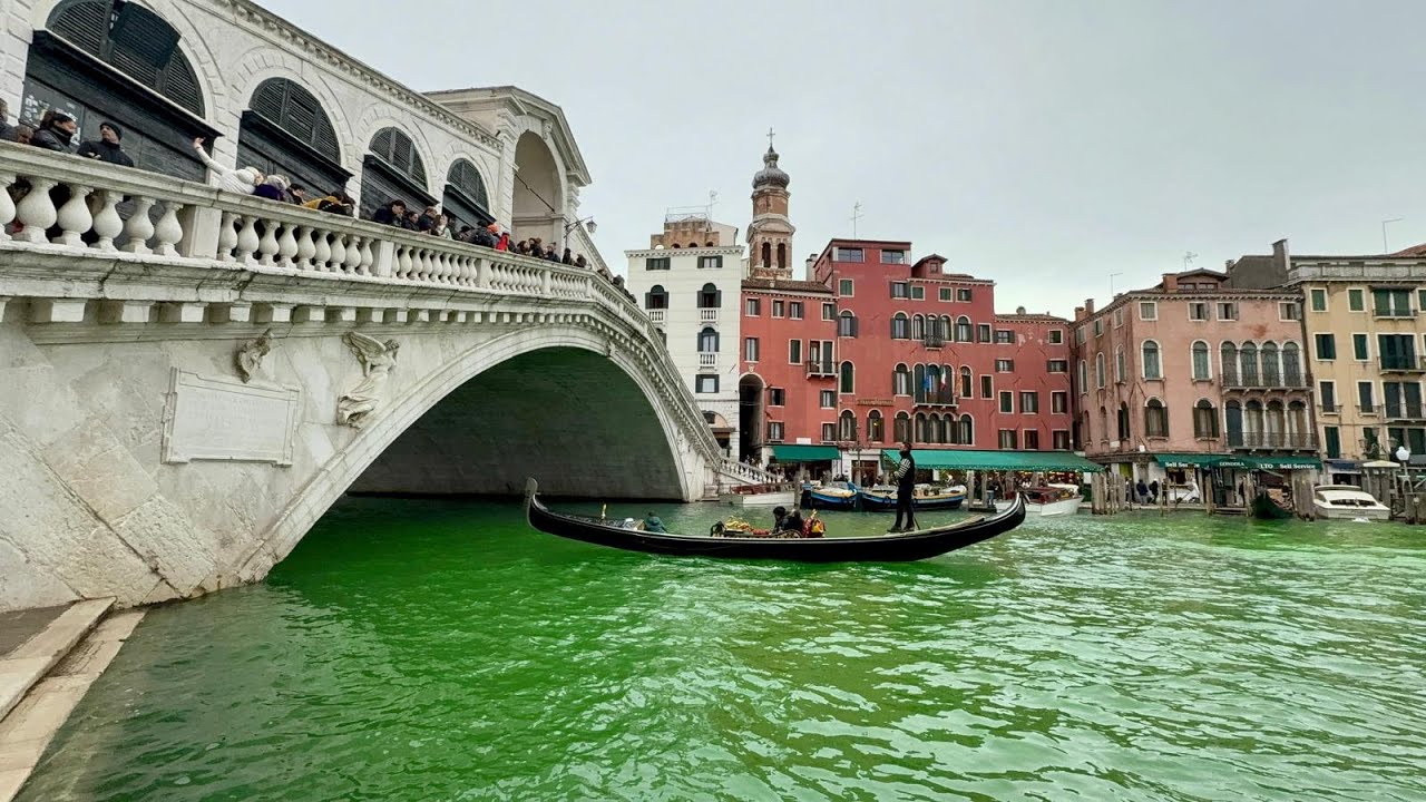 L'acqua del Canal Grande a Venezia diventa verde: il video del blitz di Extinction Rebellion