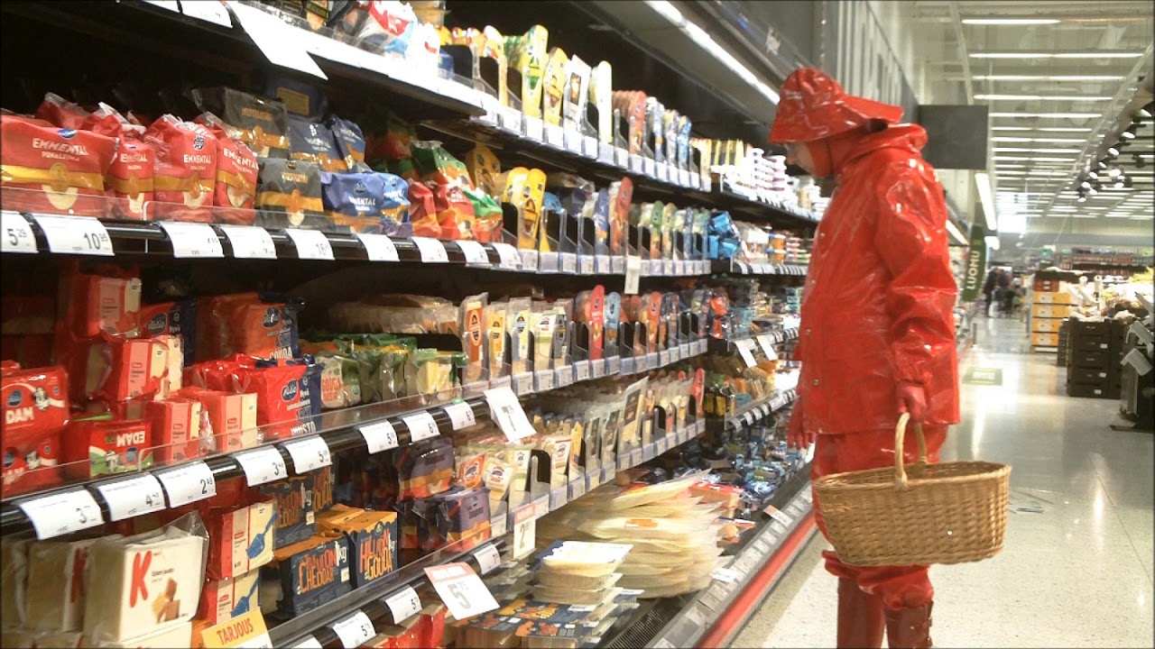 shopping in shiny red rainwear