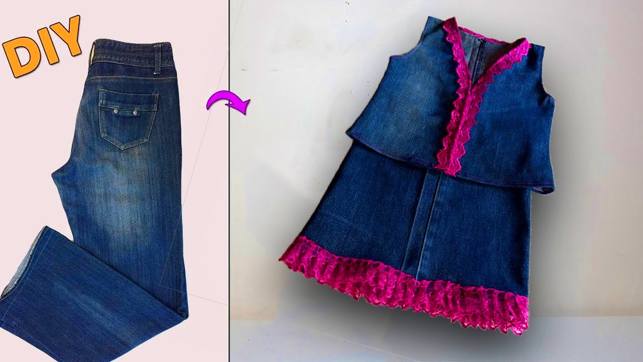 Recycling jeans / تحويل بنطلون من جينز قديم الى فستان طفلة بكل بساطة