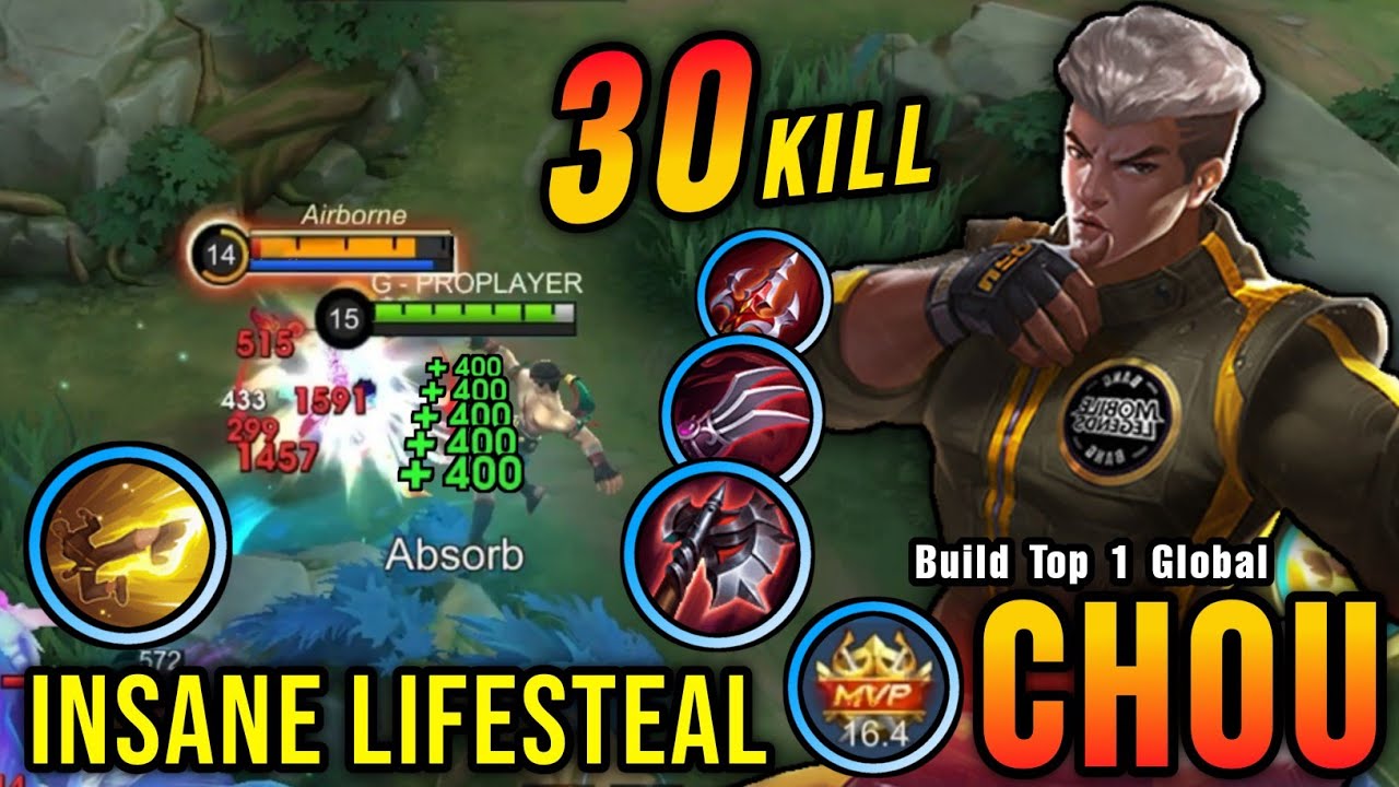 30 Kills!! New One Shot Build Chou Insane LifeSteal - Build Top 1 Global Chou ~ MLBB