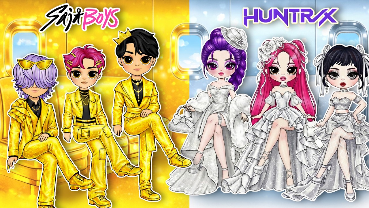 Huntrix & Saja Boys: Silver Girl vs Golden Boy AirPlane Fashion Battle | DIY Fashion Paper Dolls