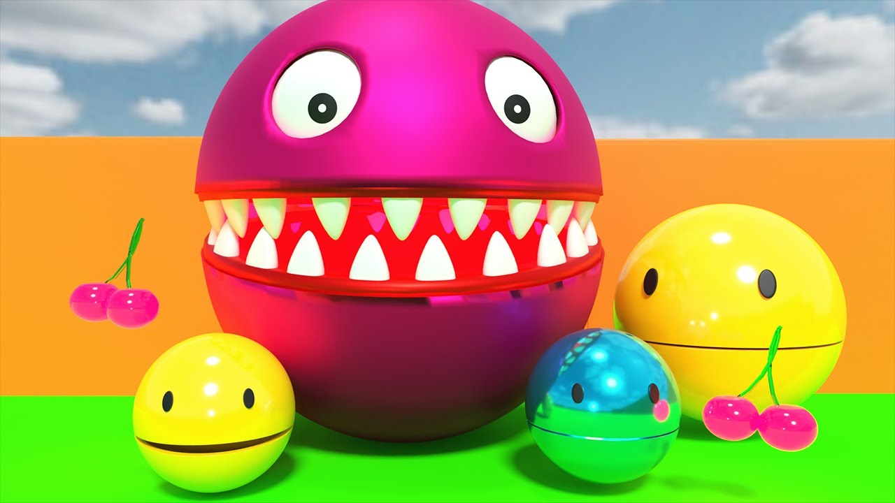 Pac Man style Big PacMan eating and little Pac Man running away食べる大きいパックマンと逃げる小さいパックマン