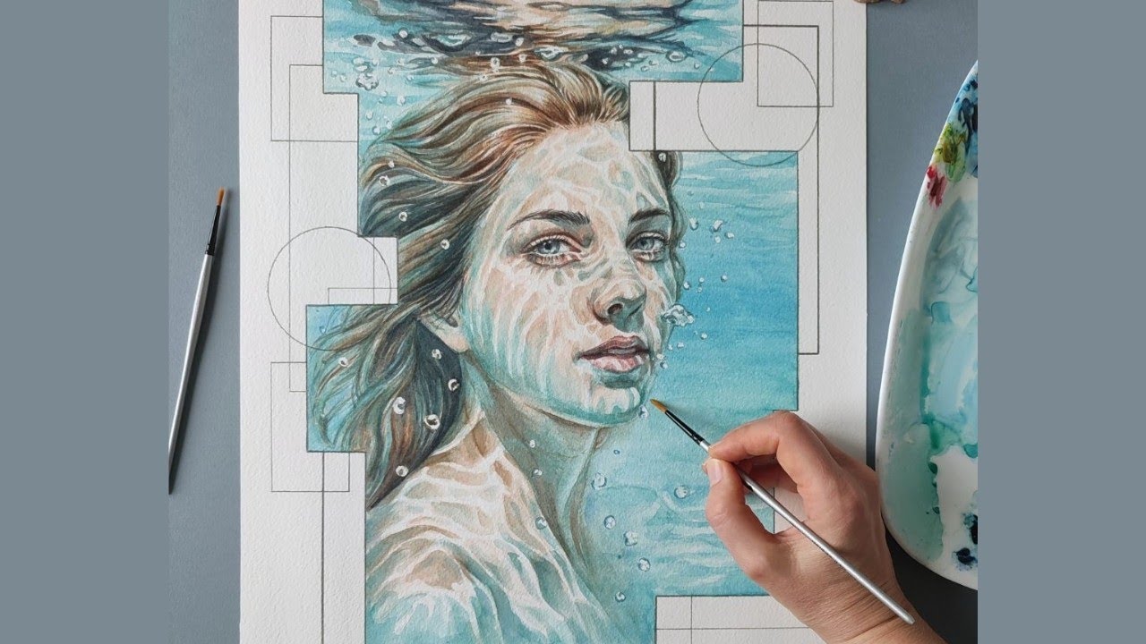 Sped up Painting. Dipingere ad acquerello una figura umana sott'acqua. Underwater art.