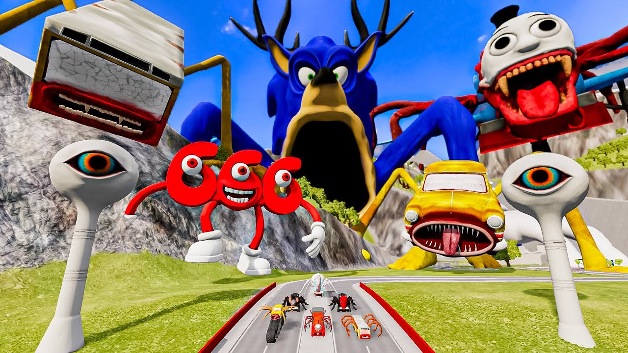 ALL MONSTERS Big & Small Cars Vs SONIC EATER & BUS EATER & TRAIN THOMAS EATER - BeamNG.drive