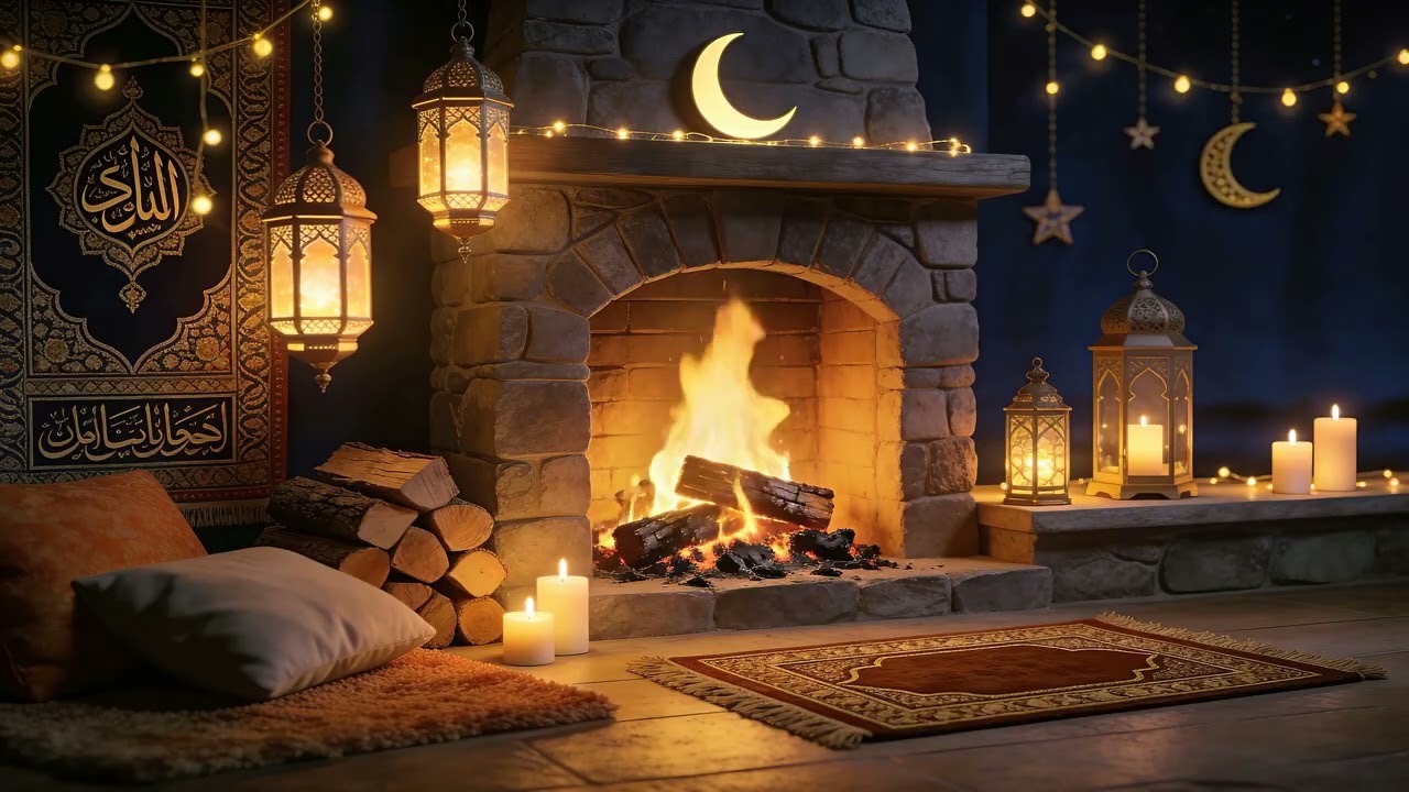 2H Ramadan Fireplace 4K 🌙 أجواء رمضان الدافئة | Cozy Lanterns & Crackling Fire (No Music)
