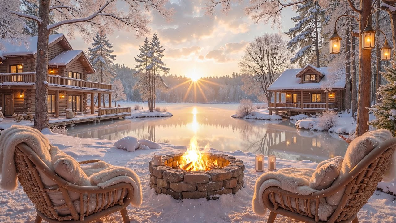 Relaxing Winter Lake Cabin Ambience ❄️🔥 Fireplace, Snowfall & Sunrise Ambience for Deep Sleep