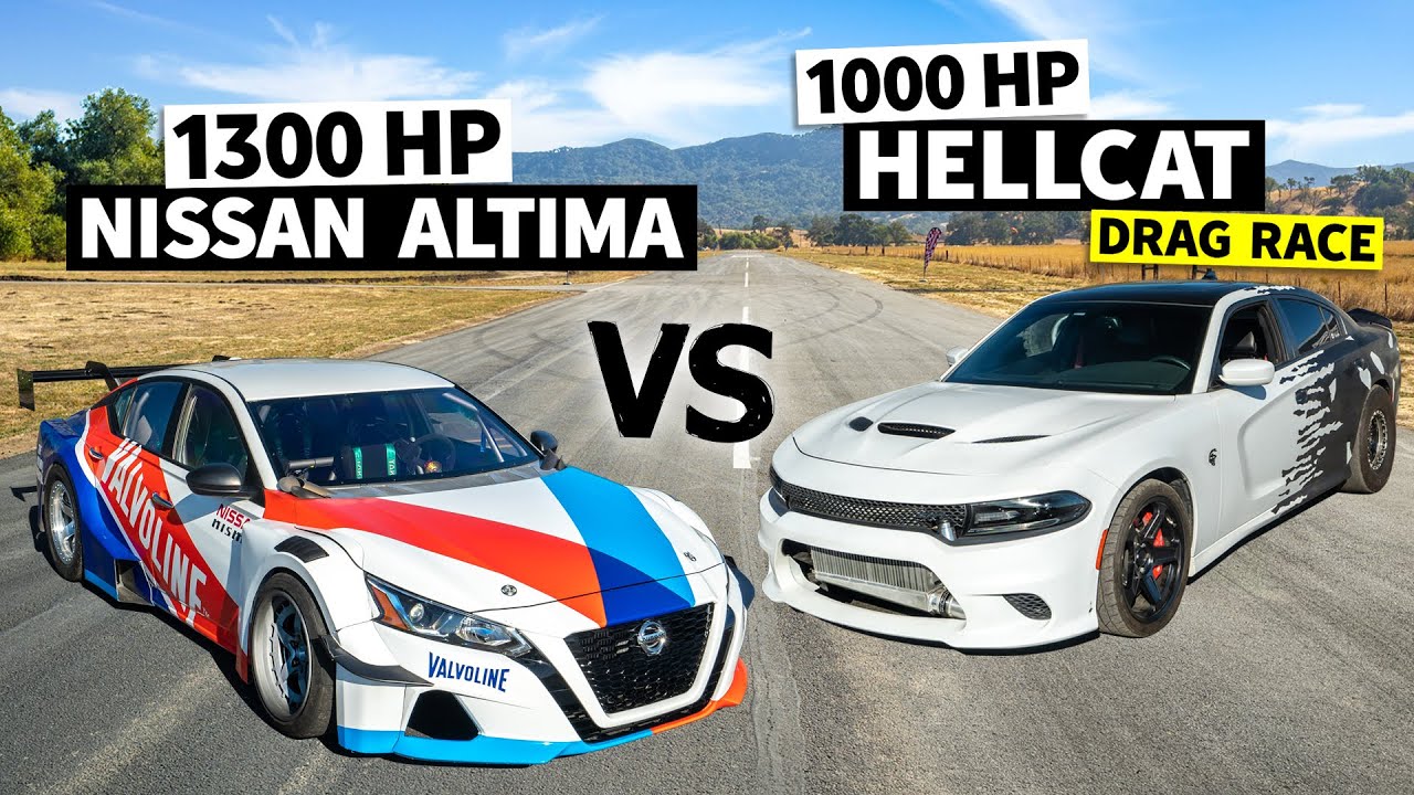 1,300hp Altima Drift Car drag races Twin Turbo 1,000hp Hellcat