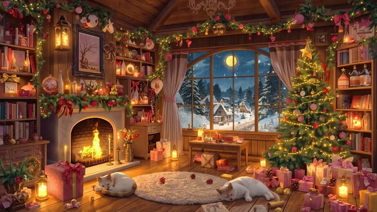 Magical Christmas Cabin | Warm Enchanted Fireplace Fire Sounds & Kittens | Cozy Magical Christmas