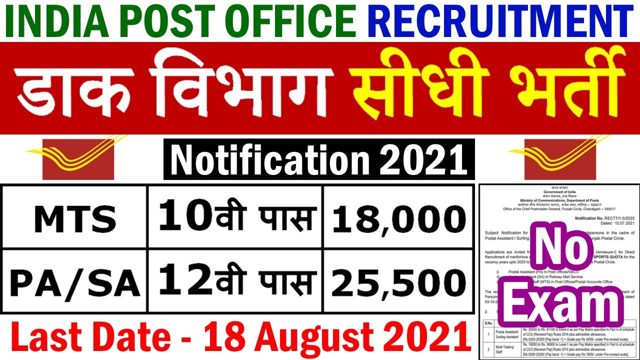 भारतीय डाक विभाग भर्ती 2021 || India Post Office Recruitment 2021 PA/SA MTS