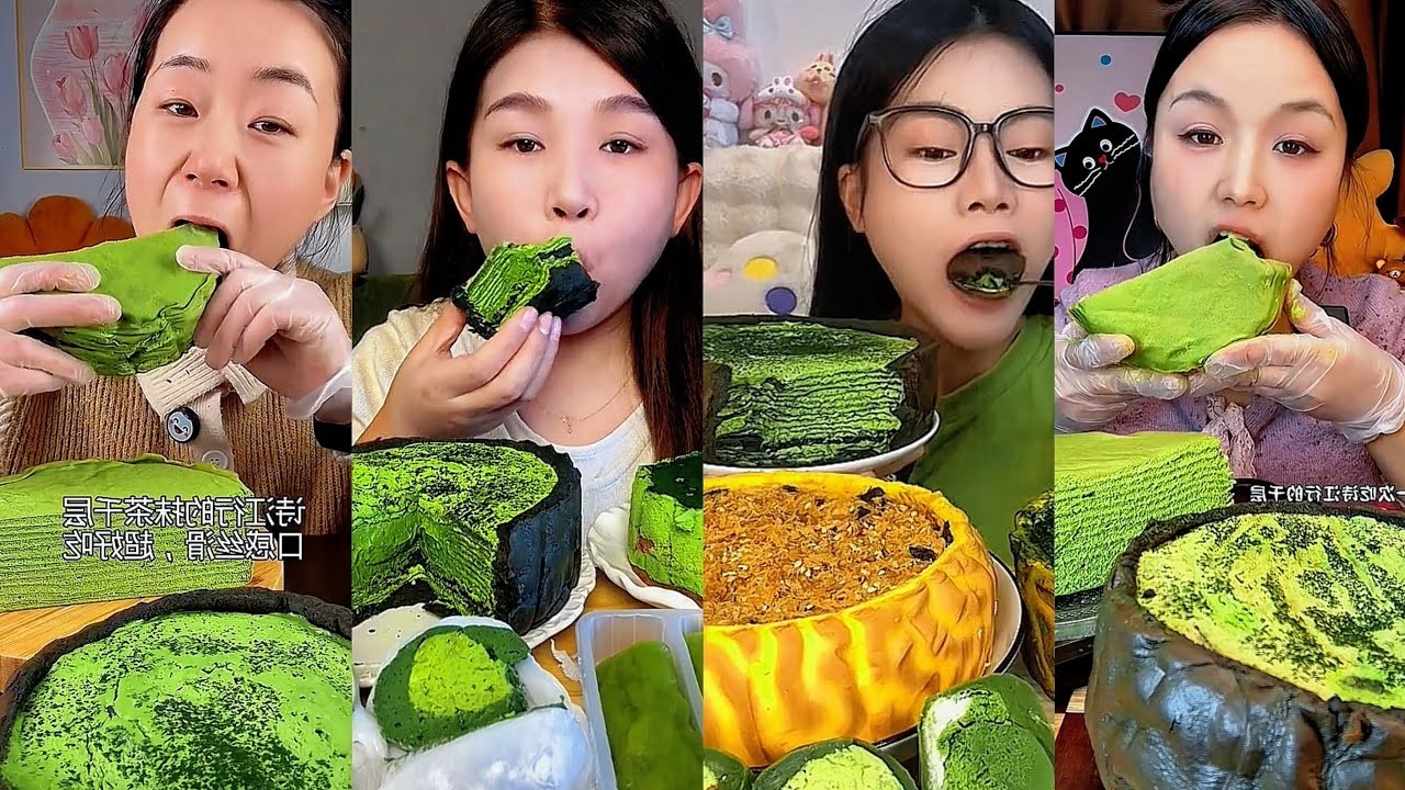 New Trend Matcha Lava Thousand Layers Crepe Cake Viral Dessert Satisfying Slicing & Flowing Cream