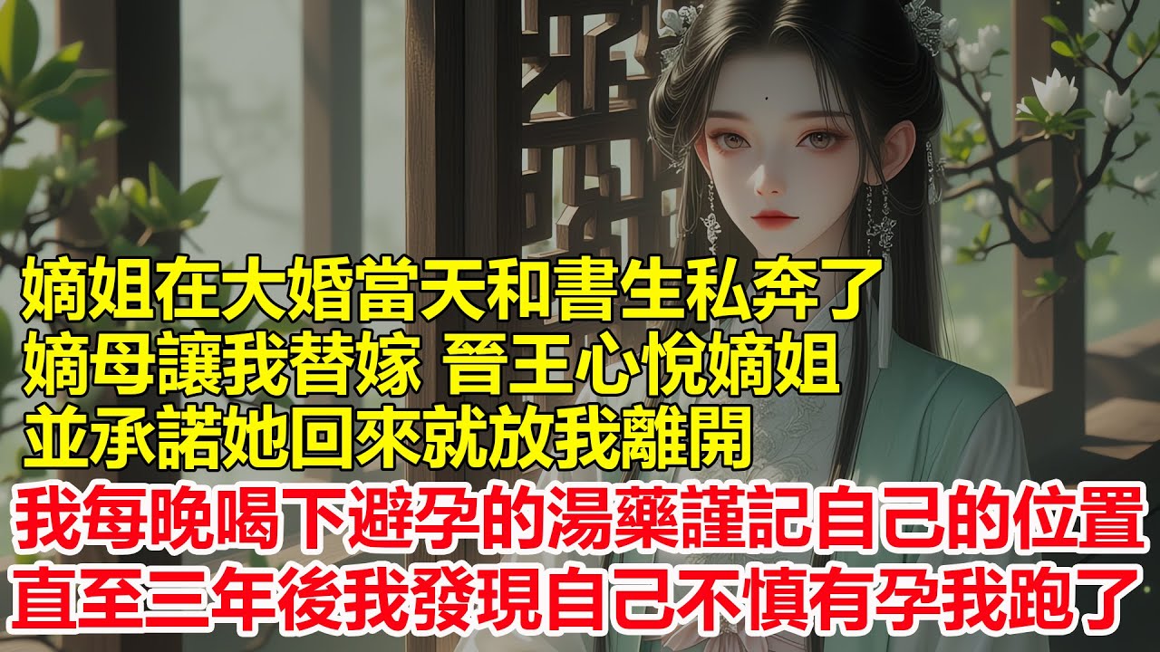嫡姐在大婚當天和書生私奔了，嫡母讓我替嫁，晉王承諾嫡姐回來就放我離開，我每晚喝下避孕的湯藥，謹記自己的位置，三年後我卻發現自己不慎有孕，戰戰兢兢時偷聽到晉王...