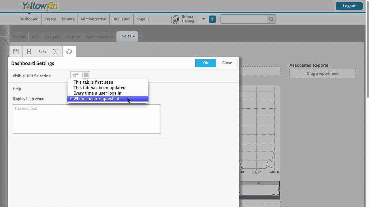 Turning on help on your dashboard tabs - Yellowfin