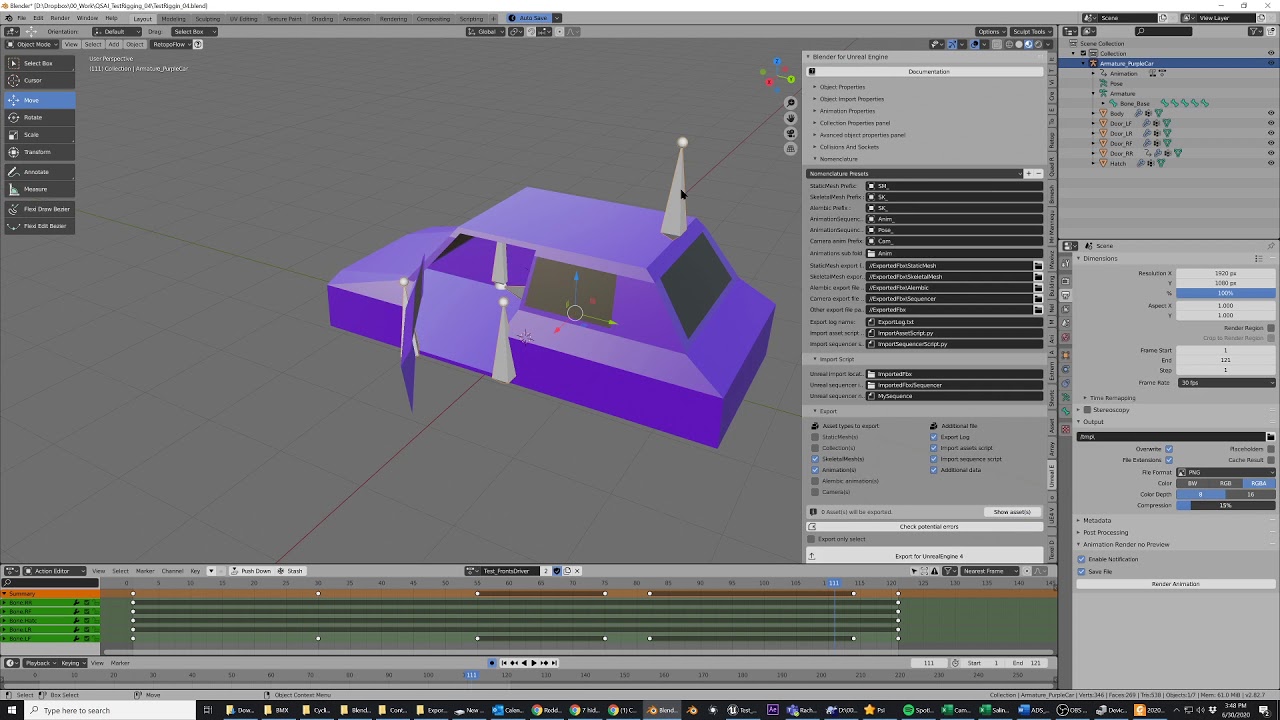 Blender to Unreal Car Door and Hatch Rigging using free 'Blender to Unreal' addon.