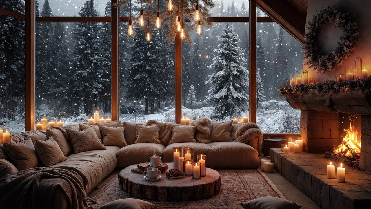 Dreamy Winter Cabin Ambience at Night | Fireplace Crackling & Peaceful Snowfall