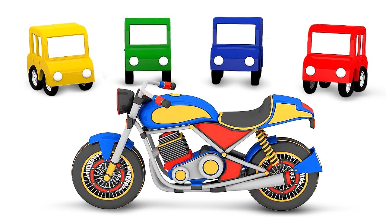 Os quatro carros coloridos encontram peças da motocicleta! Desenho animado infantil