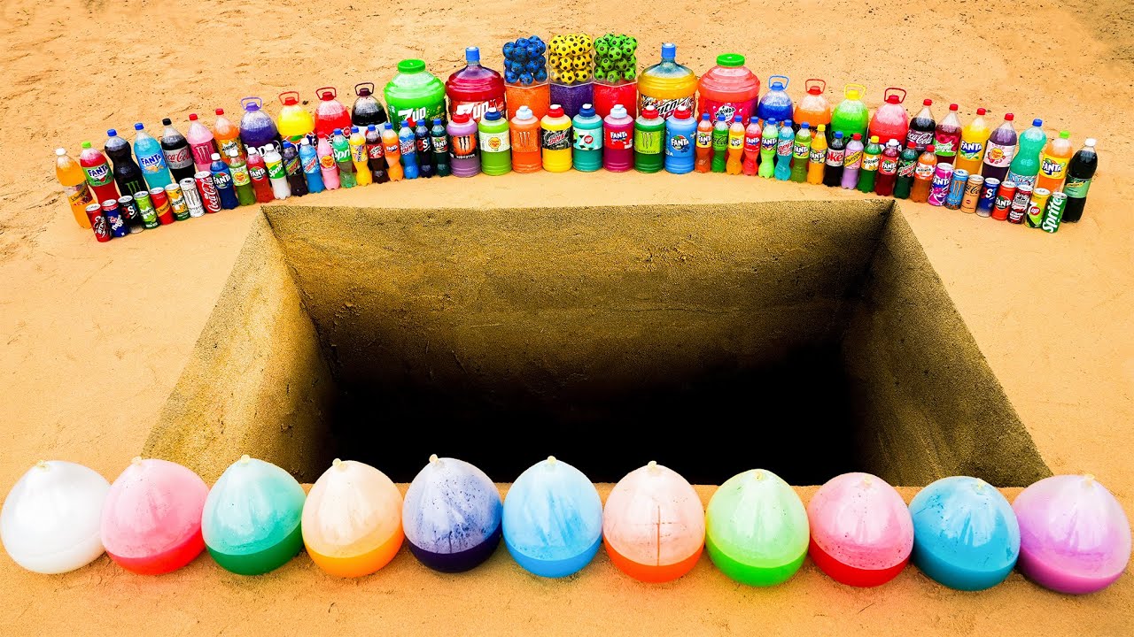 Giant 7up, Mtn Dew, Mirinda, Fanta, Coca Cola and Other Sodas vs Mentos in Rectangular pit