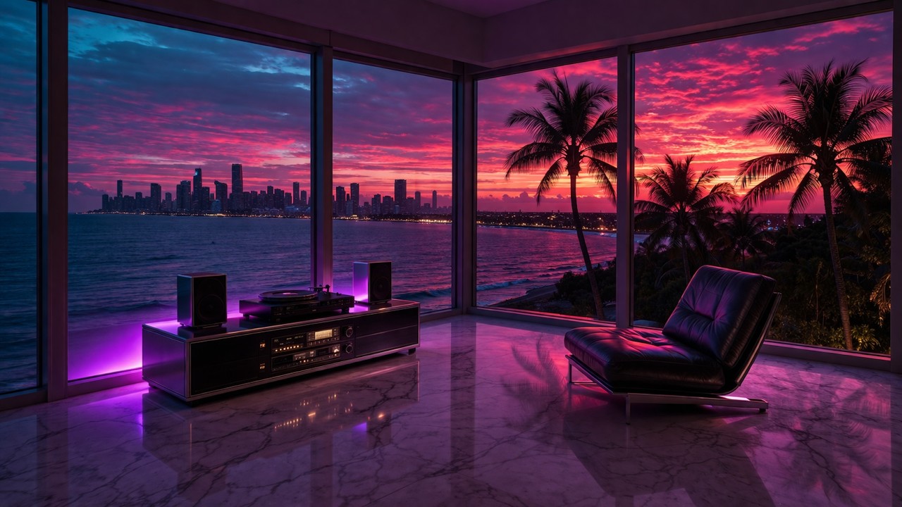 80s Miami Night Ambience 🌴 Neon Penthouse | Chill Synthwave for Study, Sleep, Relaxation [2K]