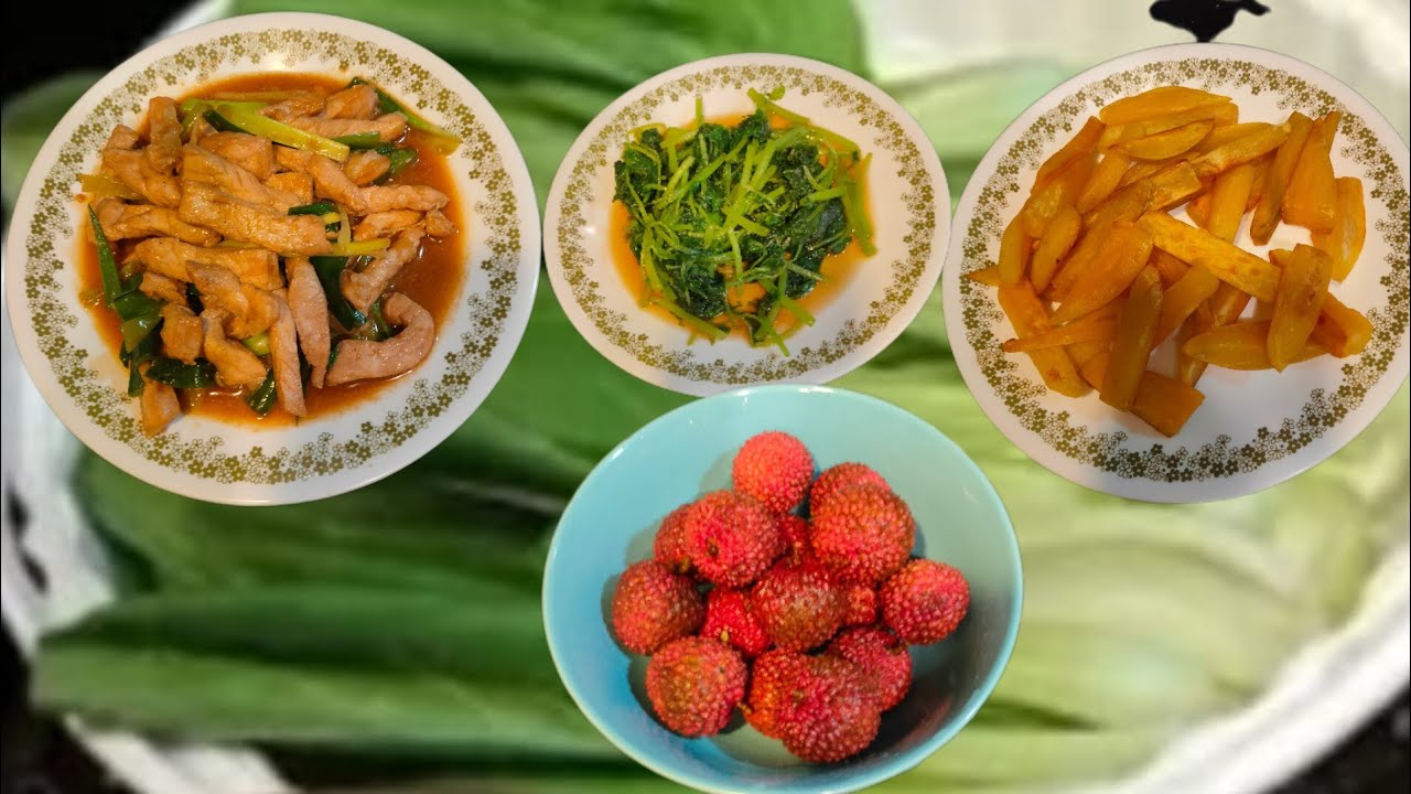 oseng daging bawang daun goreng ubi & sayur bayam,menu rumahan