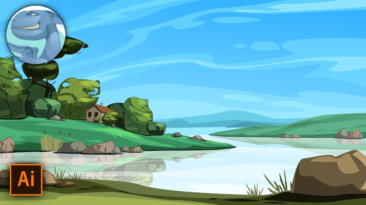 Landscape with a river. Adobe Illustrator vector art. Time lapse video.