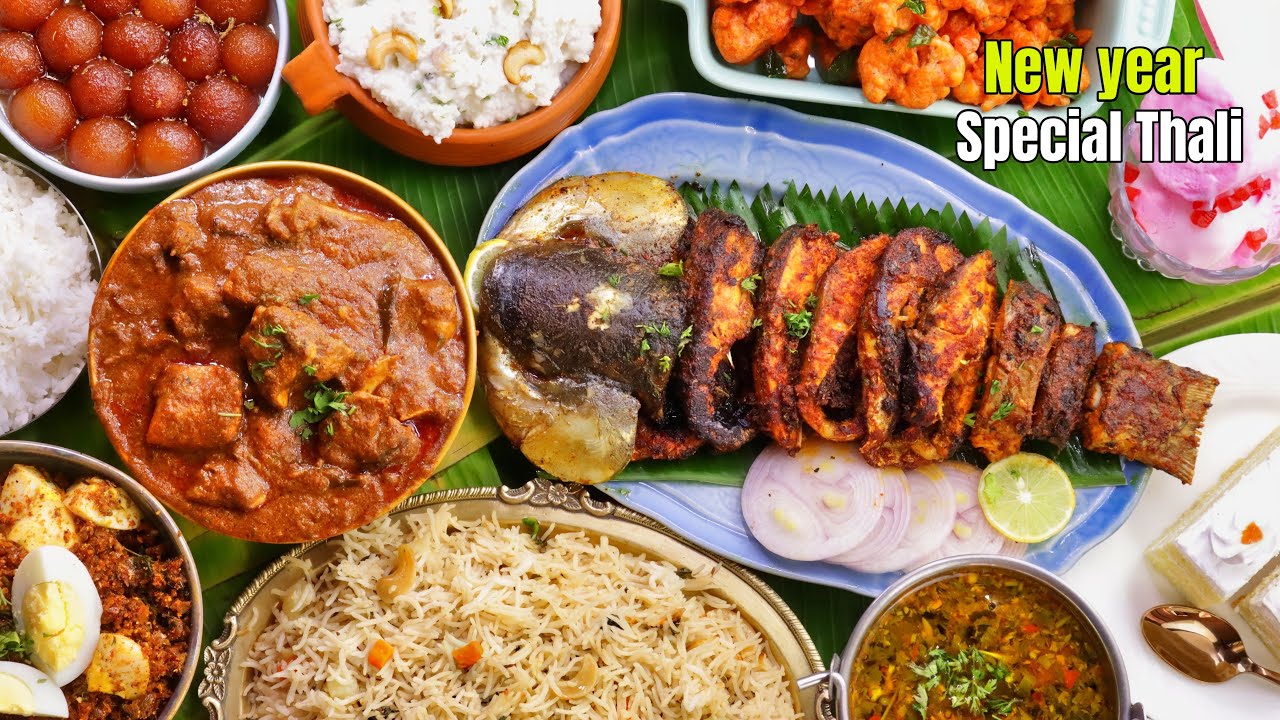 New Year Special Non Veg Thali ||Fish fry, Bagara rice, chicken curry, Egg Fry Gobi 65 ||Vismai food