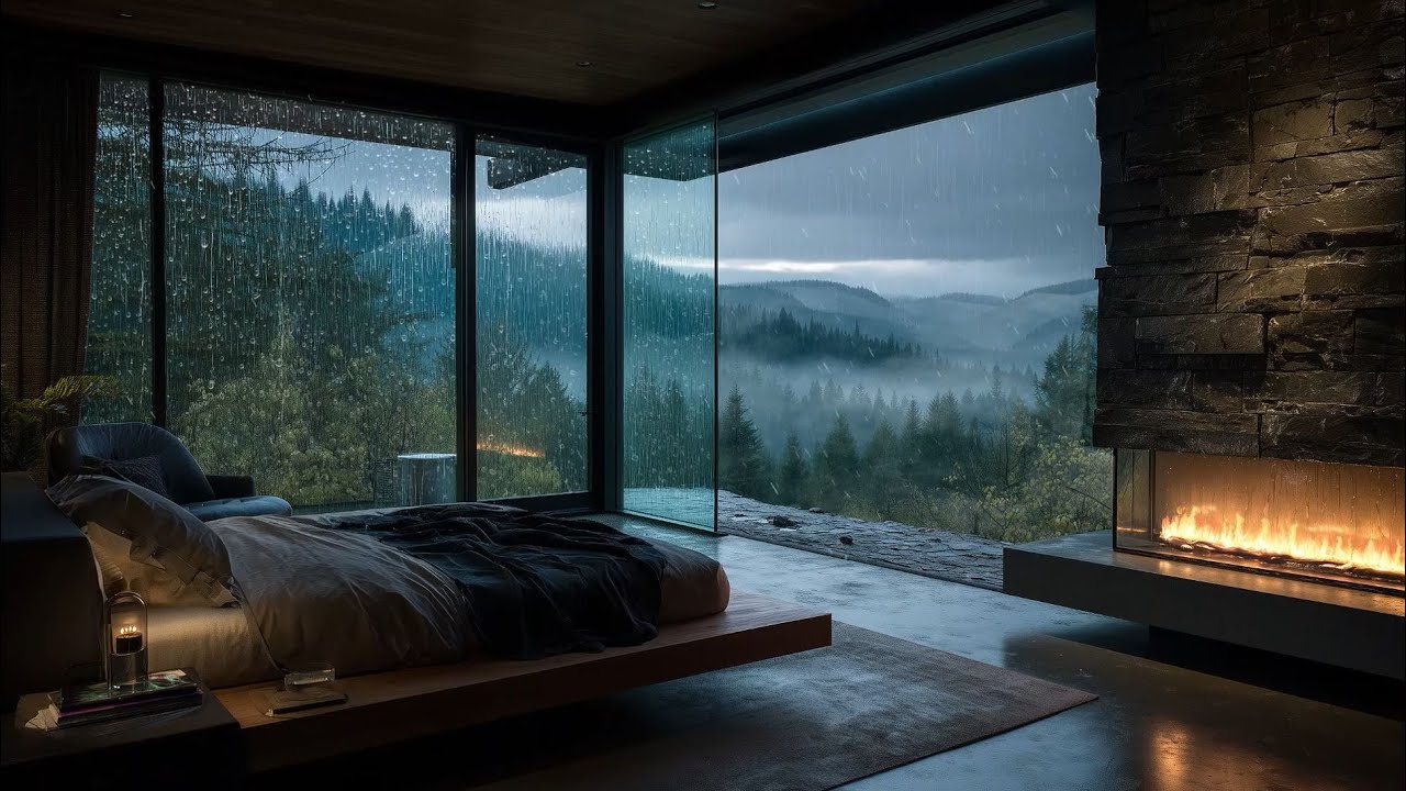 Foggy Rain Bedroom Ambience: Misty Haven 🌧️ Fireplace, Distant Thunder & Birds | 6 Hours (HD)
