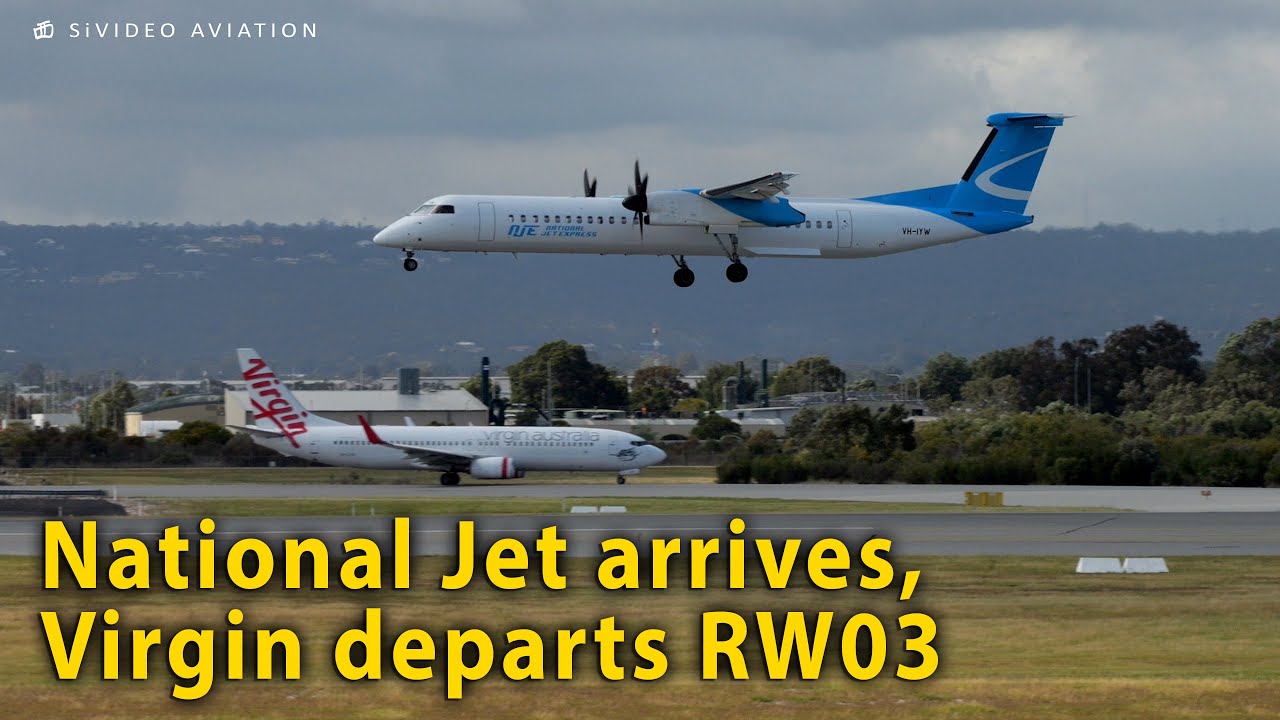 National Jet Express (VH-IYW) arrives and Virgin Australia (VH-IJW) departs RW03 at Perth Airport.