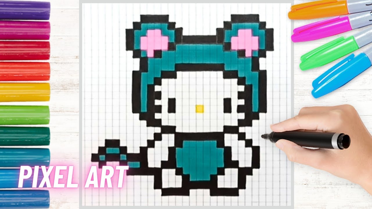 Como dibujar a Hello Kitty con disfraz de ratón en Pixel Art | Dibujos pixelados