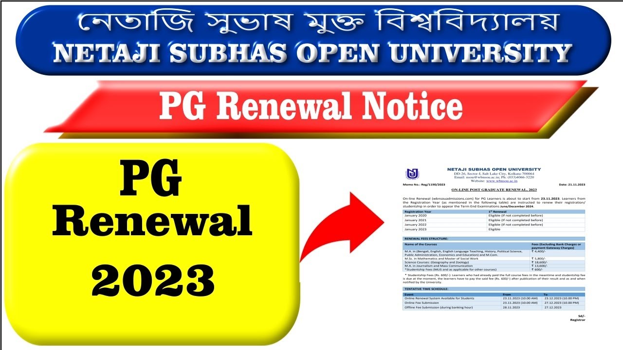 NSOU PG RENEWAL 2023 Notice Published Netaji Subash Open University MA MSc MCom MSW MLIS