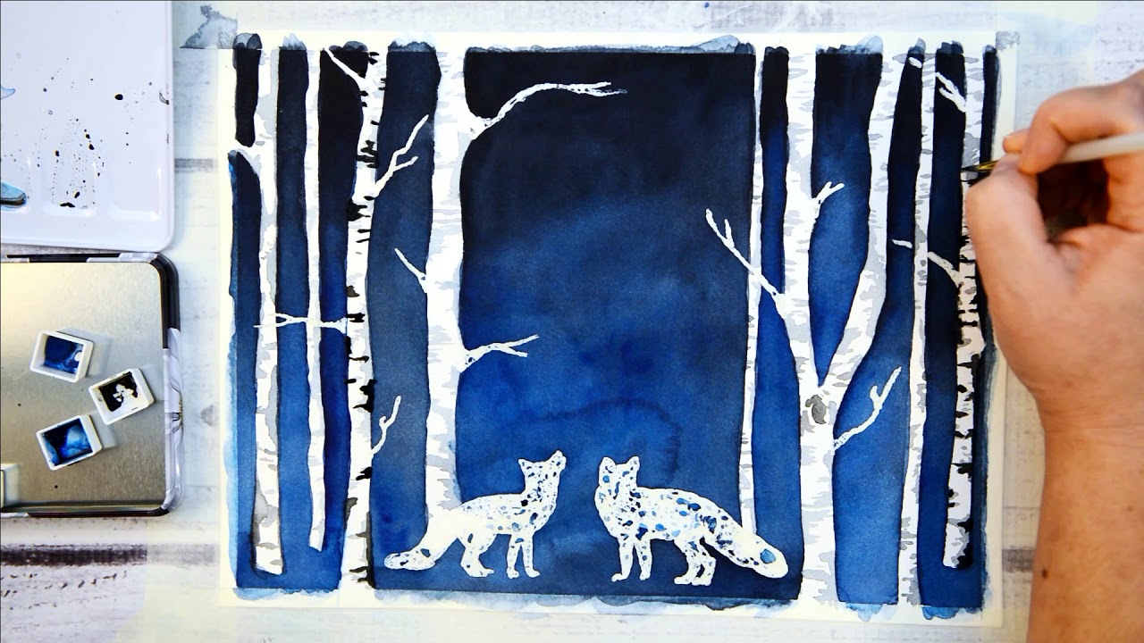 (162) Trees and Red Foxes Watercolor Painting