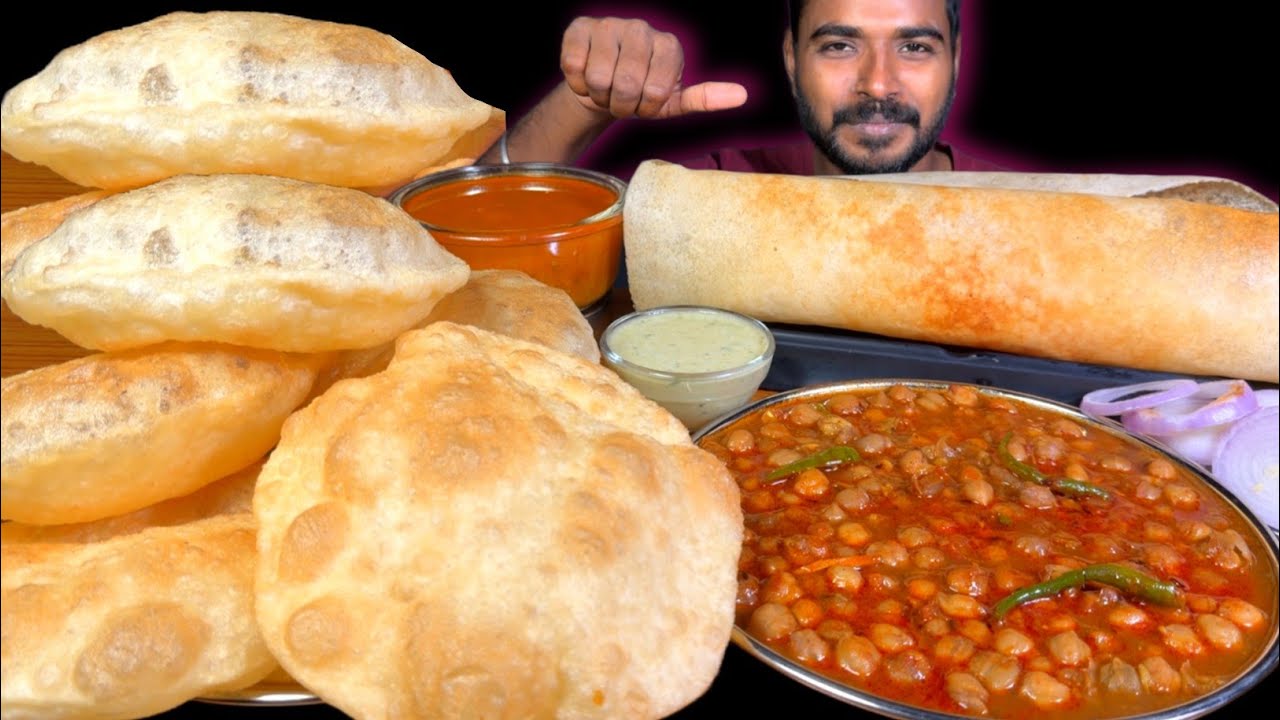 Chole Bhature with Dosa Sambar and Coconut Chutney Eating Challenge 