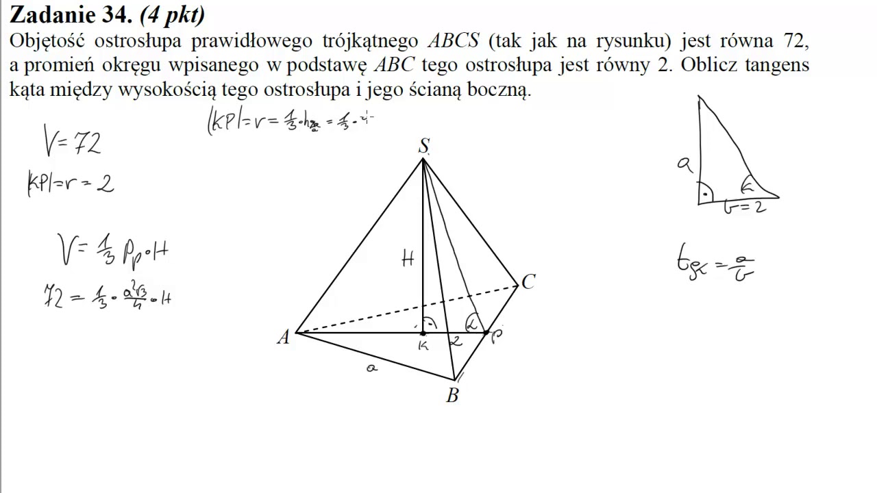 34 Objętość ostrosłupa prawidłowego trójkątnego ABCS tak jak na rysunku jest równa 72, a promień okr