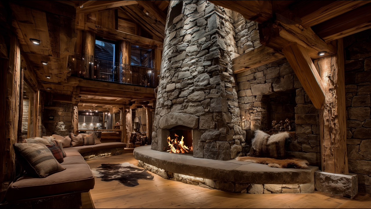 Stone Fireplace Ambience in Luxury Mountain Cabin | Real Fire Sounds | 4K