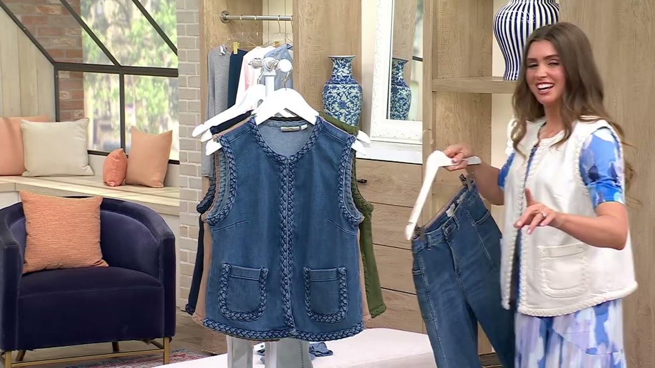 LOGO by Lori Goldstein Denim Vest with Braided Trim on QVC