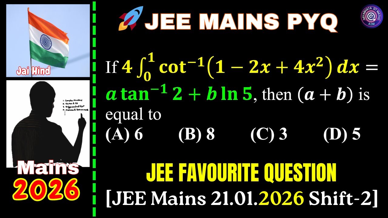 If 4∫_0^1▒cot^(−1)⁡(1−2x+4x^2 )  dx=a tan^(−1)⁡2+b ln⁡5, then (a+b) | Definite Integration | #jee 🔥