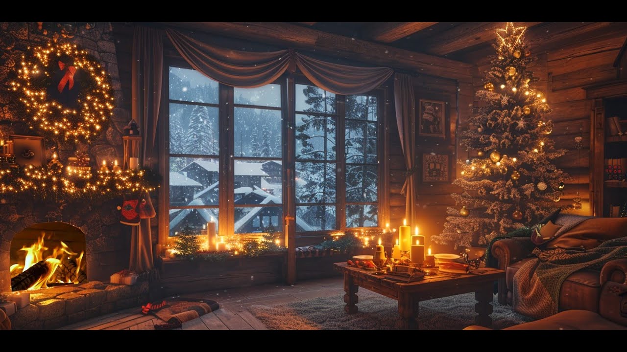 Warm Fireplace & Soft Piano – Relaxing Holiday Ambience with Snowfall