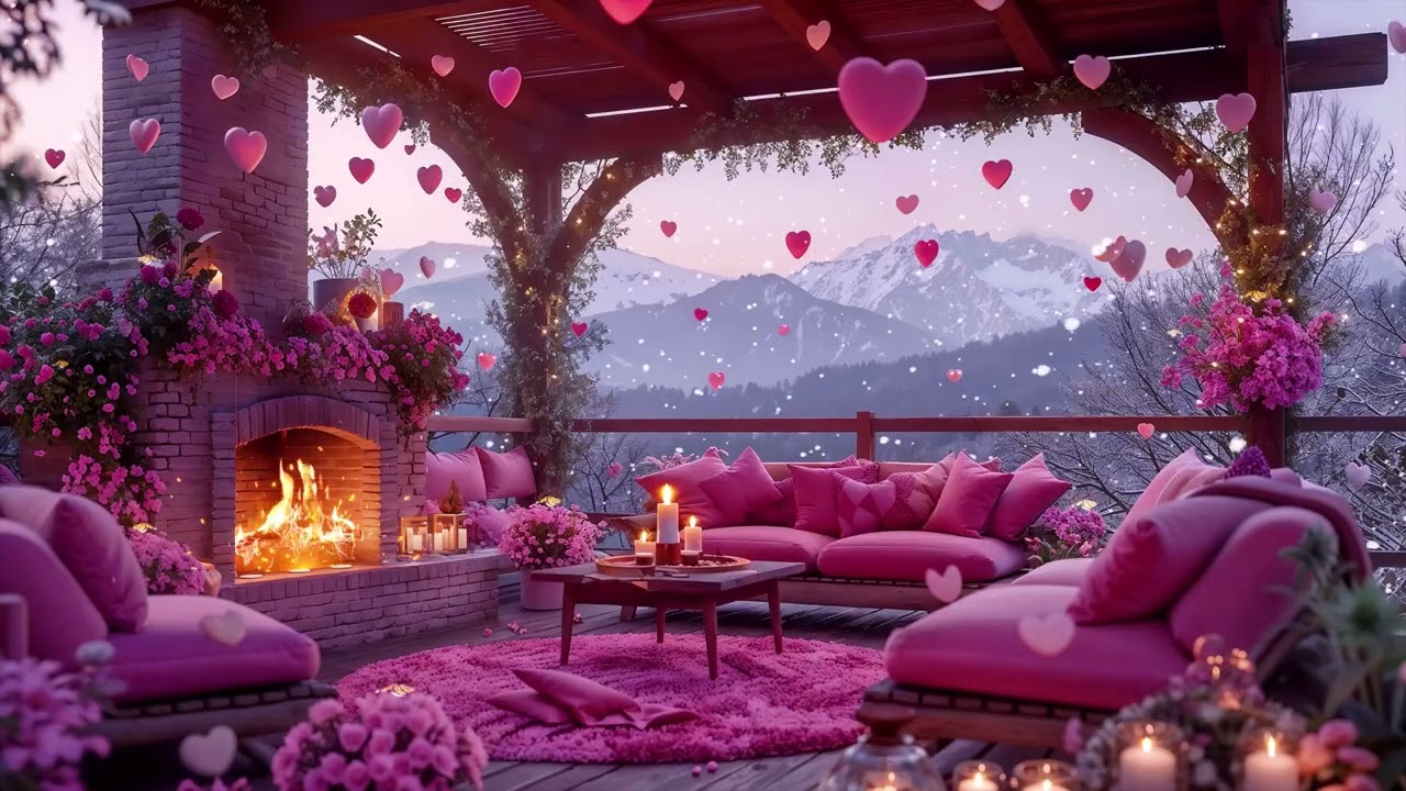 Enchanting Pink Valentine Winter Night ❄️💗🔥 Cozy Jazz & Fireplace Glow for Love and Calm
