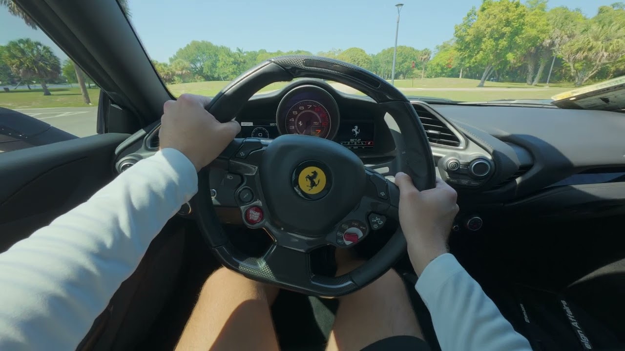 Black Ferrari 488 cold start, driving, walk around video