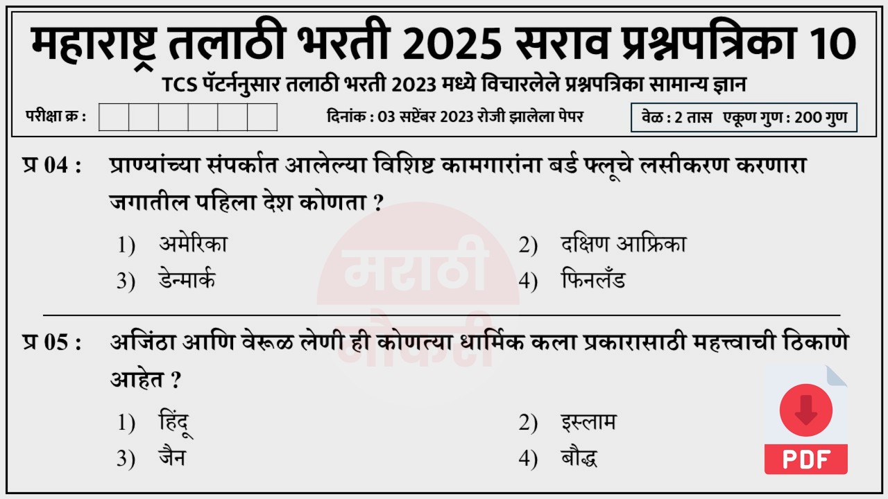 Talathi Bharti 2025 Questions Papers | तलाठी भरती 2025 TCS पॅटर्न प्रश्नपत्रिका | Talathi GK 10