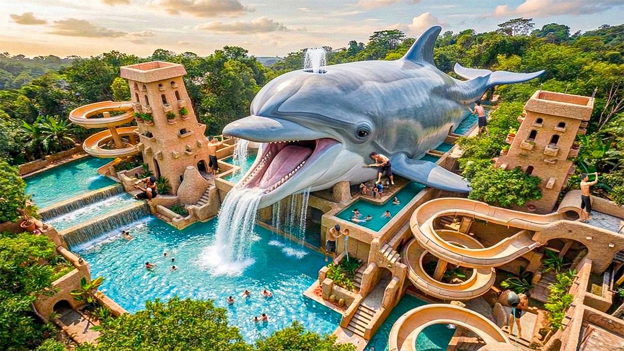 200 Days Building a Giant Fish Water Slide Complex with Curved Slides and Pools Using Primitive Tool