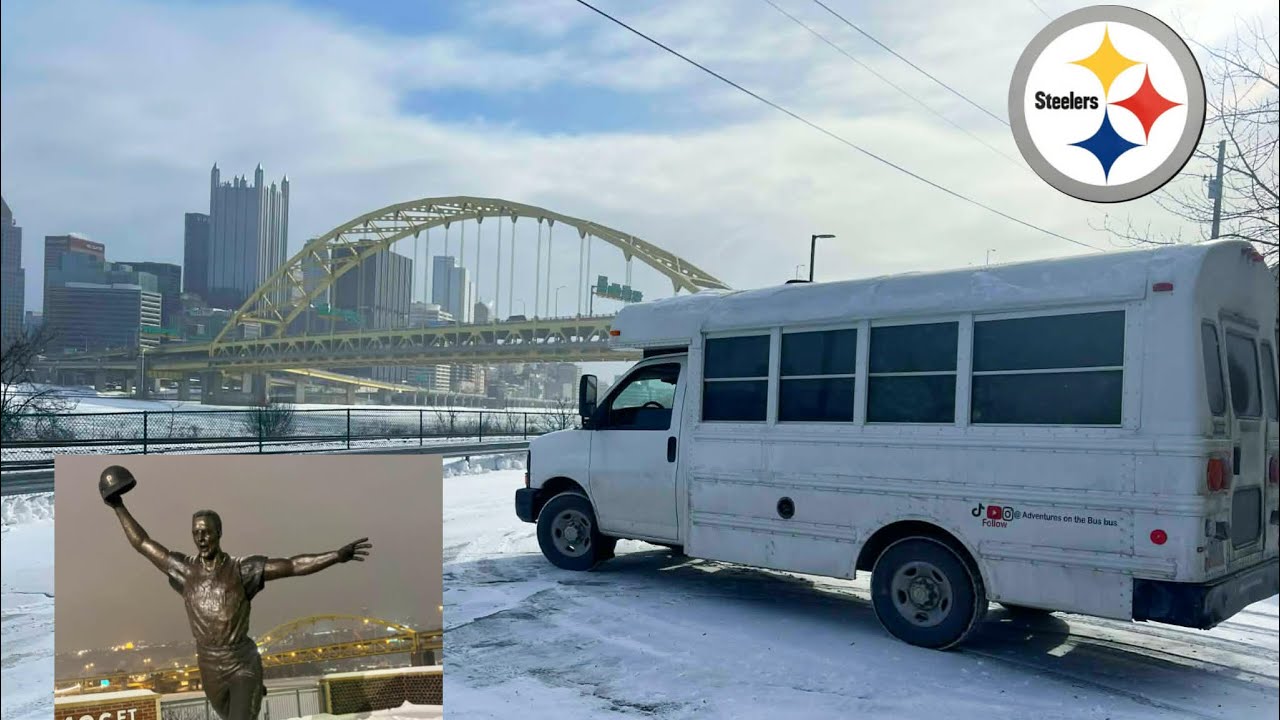 Camping in my Bus Road trip pittsburg Pa in cold and snow in -10   #steelers #robertoclemente 