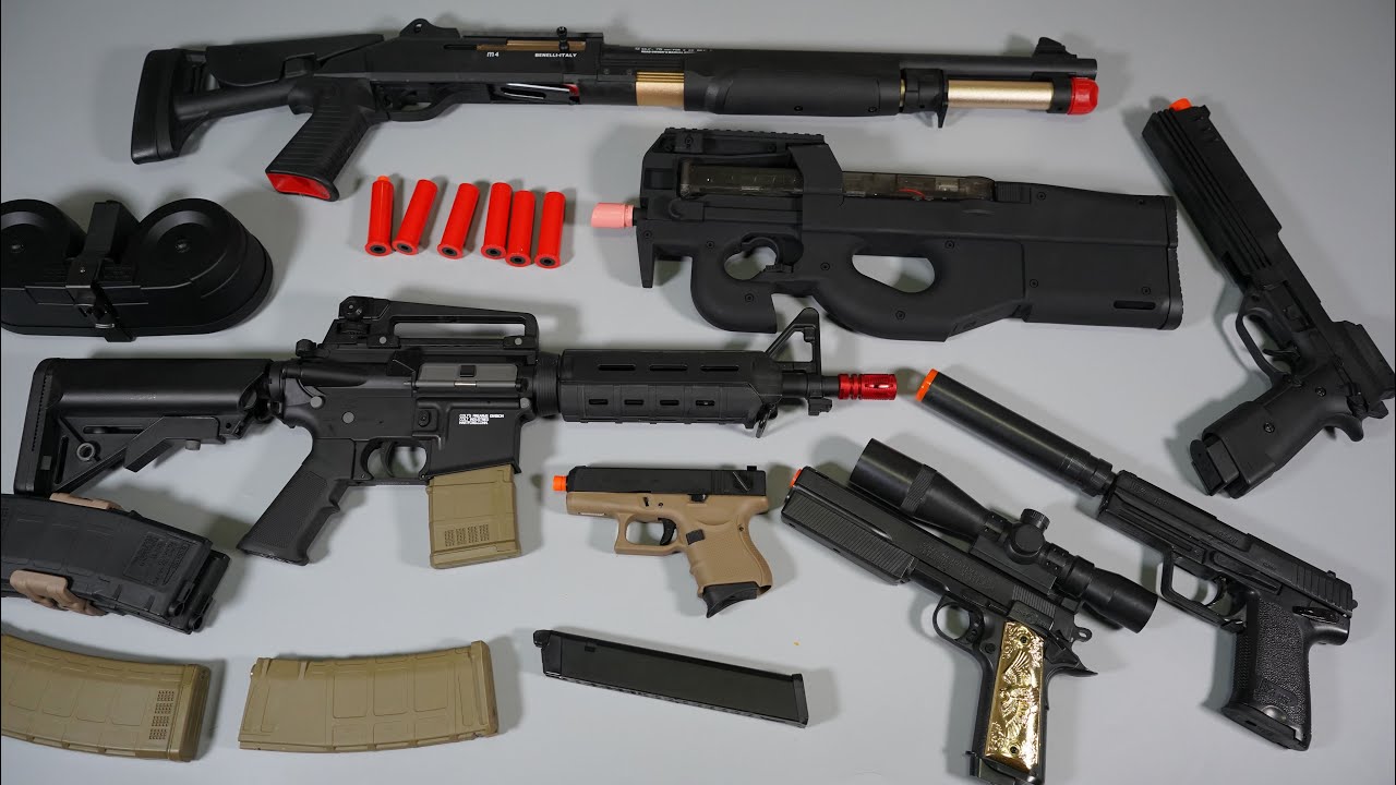 Benelli M4 Shell ejecting Toy Gun - AR Assault Rifle Airsoft Gun - Glock26- P90- Toy Guns Collection