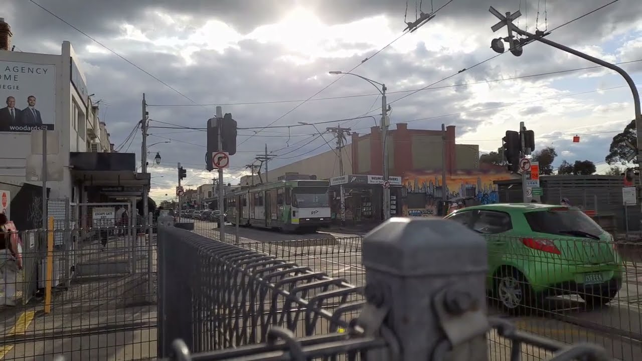 Two B2 Class trams crossing Glenhuntly Tramsqaure