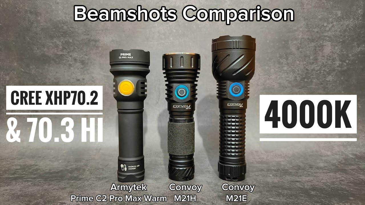 Beamshots Comparison - Armytek Prime C2 Pro Max Warm vs Convoy M21H XHP70.3 HI vs M21E XHP70.2