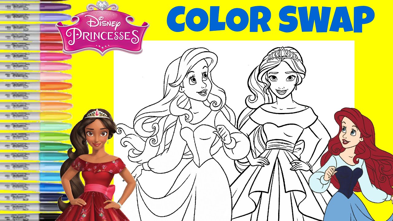 Disney Princess Coloring Book Pages Color Swap Ariel and Elena Anna and Elsa