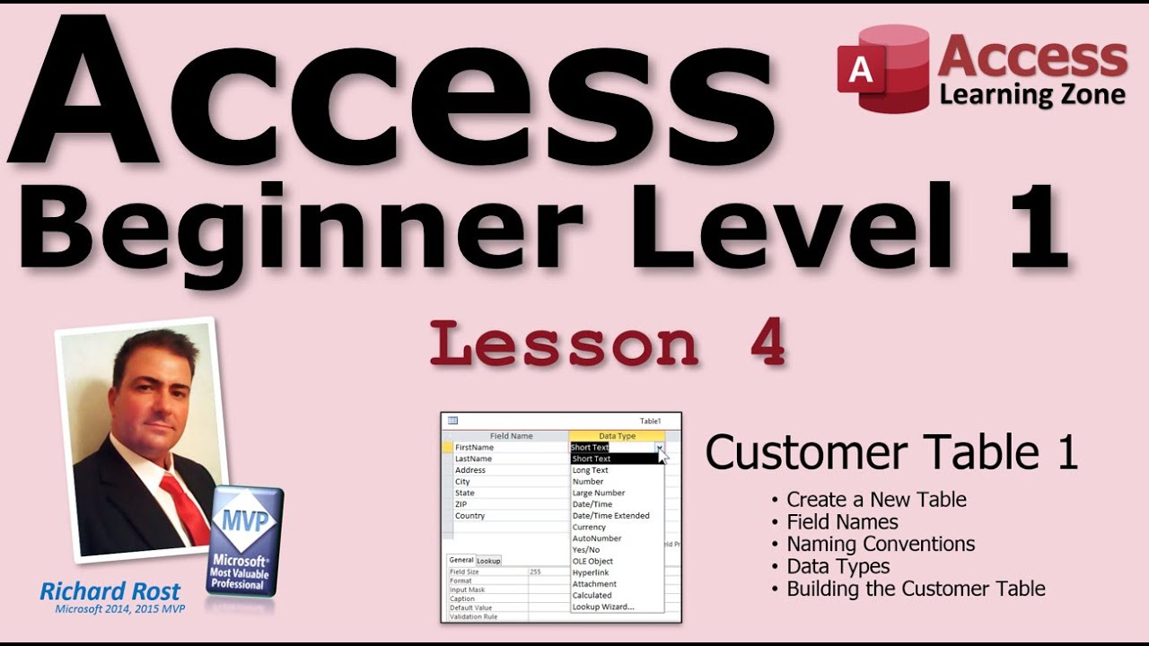 Microsoft Access Beginner 1, Lesson 04: Customer Table, Part 1. For Access 2016, 2019, 365 Tutorial