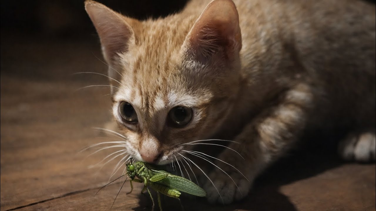 No Toys, No Problem in the Countryside. My Orange Kitten Caught and Turned a Grasshopper into a Toy