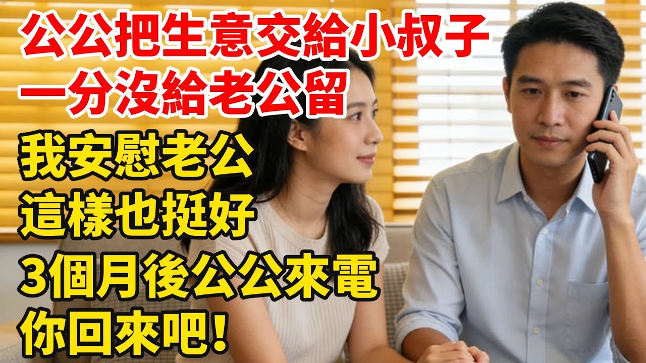 公公把家裏的生意全部交給小叔子，一分沒給老公留，我安慰老公：這樣也挺好！3個月後公公來電：你弟把公司幹虧了，你回來吧！老公一句話公公傻眼了！#婆媳故事#家庭倫理#家庭矛盾#暖光故事集