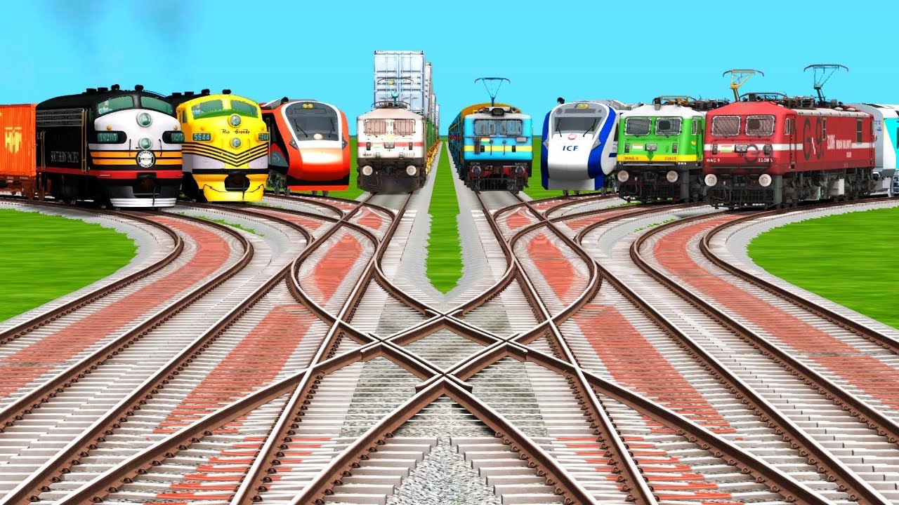 8 Trains Crossing By Bumpy Branched Railroad Tracks | indian railways games | train simulator game